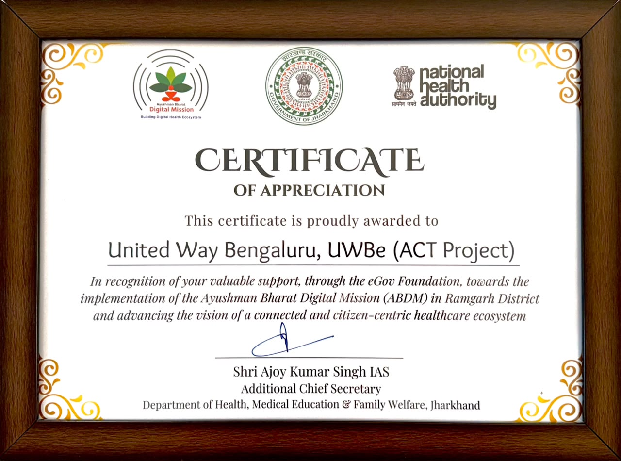 Certificate of Appreciation from the National Health Authority for the ACT Project